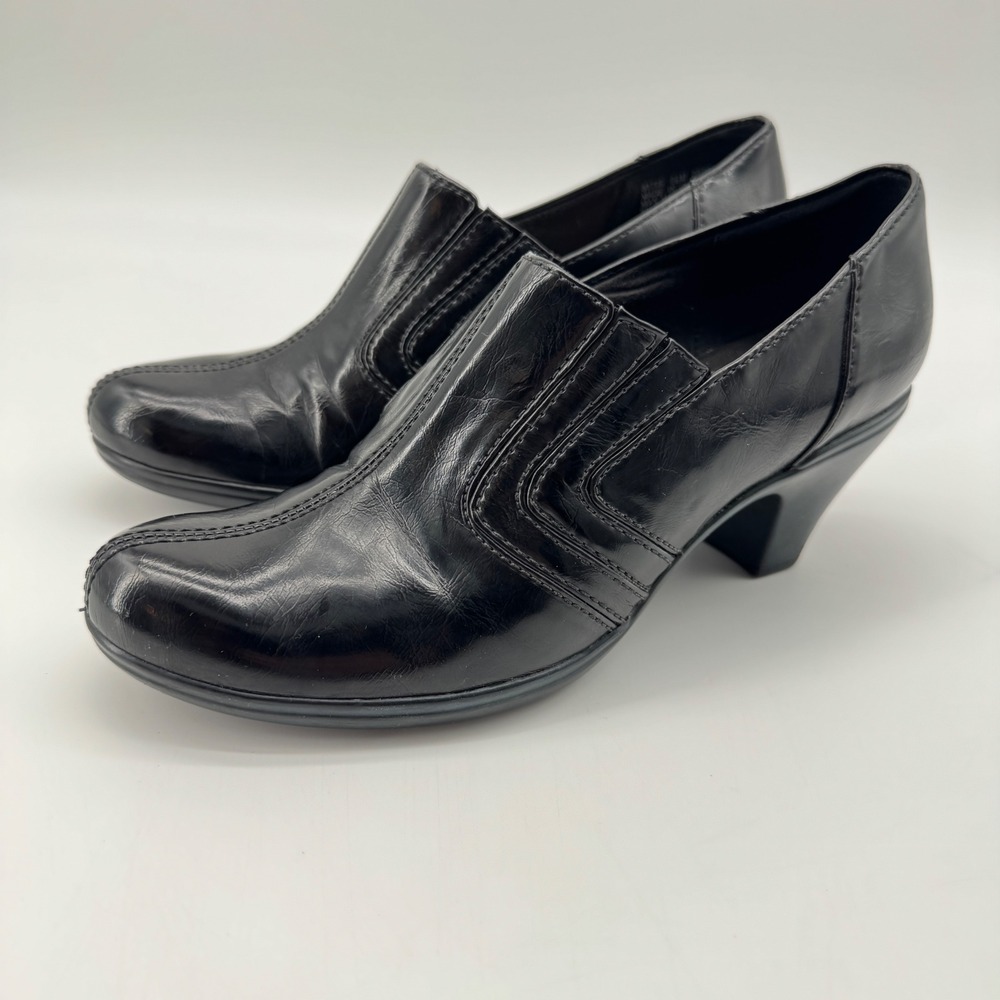 Clarks Chiffon Petal Pumps 6.5M Black Slip On Stitched Heel Comfort Teacher